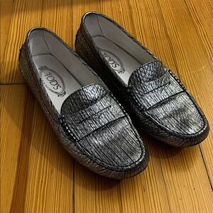 Tod's Metallic Silver Loafers